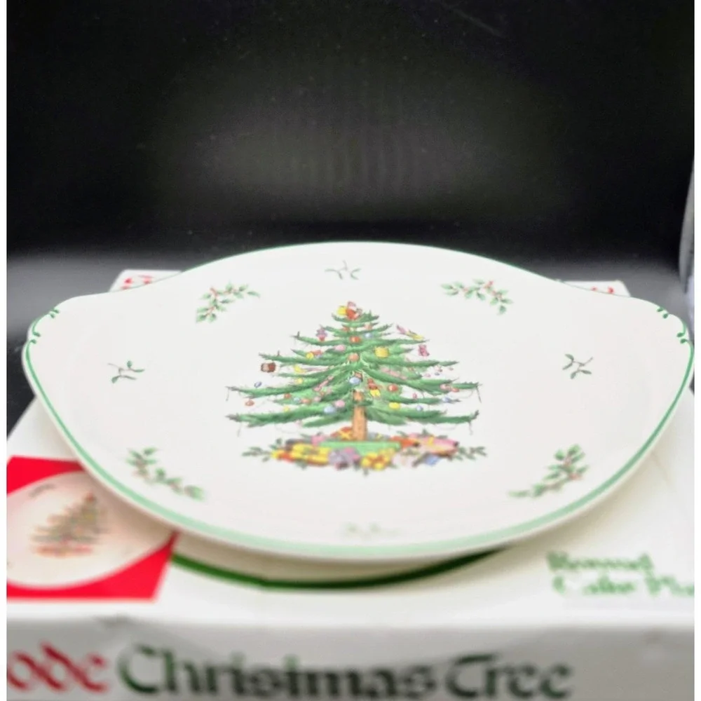 Vintage Spode Christmas Tree Round Cake Plate Serving Santa Claus Handles Box
